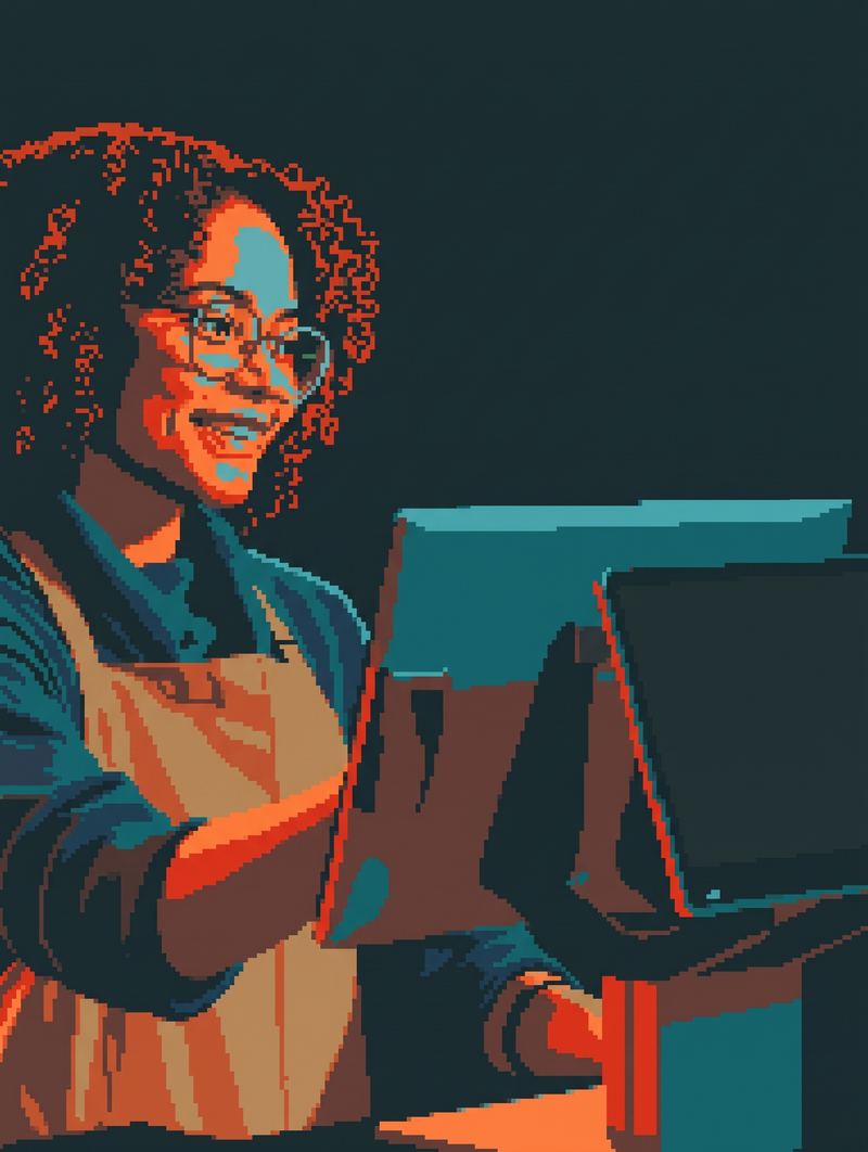 Ilustración de una empresaria sonriente que trabaja con el terminal de su negocio