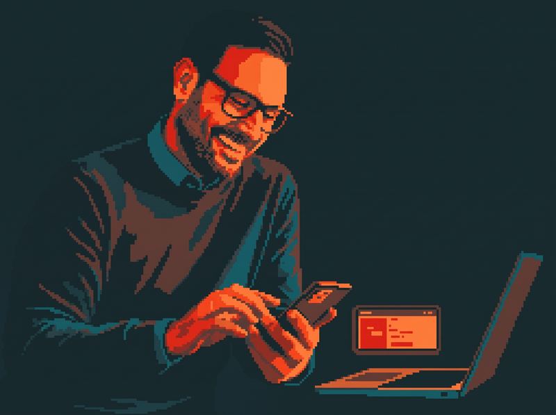 Ilustración de un empresario que consulta en el móvil los resultados que muestra su portátil