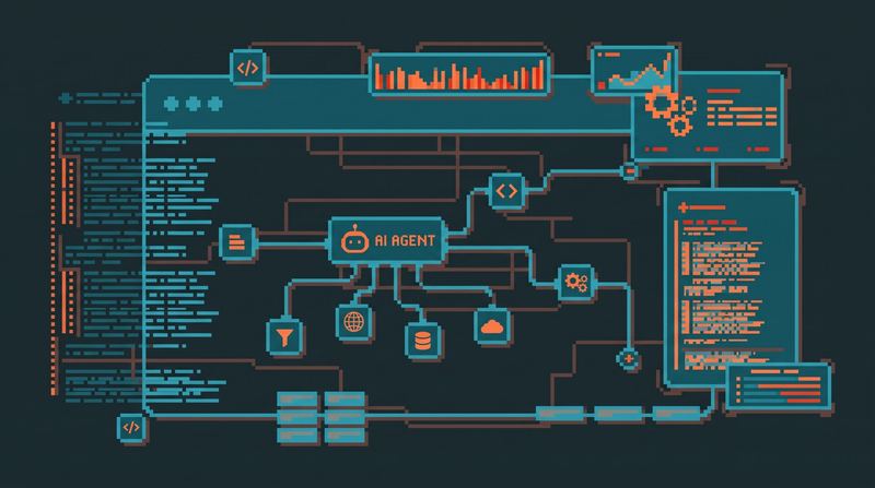 Ilustración de un esquema de herramientas digitales, datos y automatizaciones conectados a un agente de IA